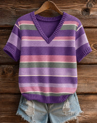 Women's Purple Stripe Alzheimer's Disease Printed V-neck T-shirt