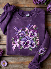 Women's Humming Birds & Purple Ribbon Pansy Floral Print Sweatshirt