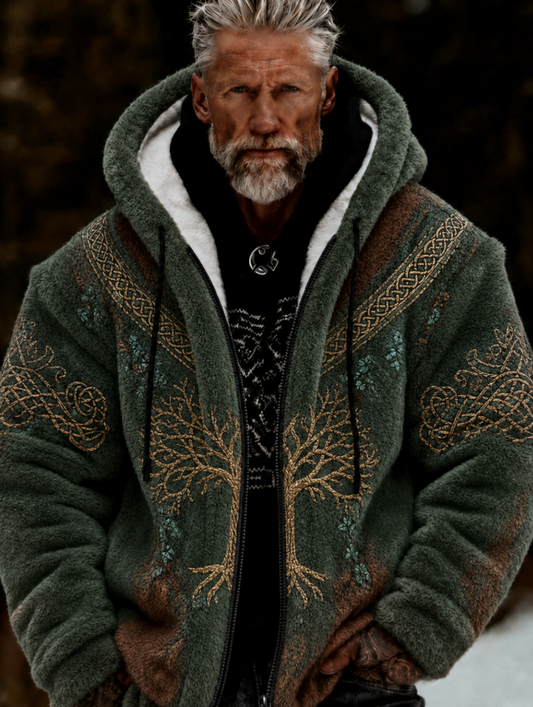 Men's Viking Tree of Life Celtic-Style Plush Cozy Warm Zipped Hooded Jacket