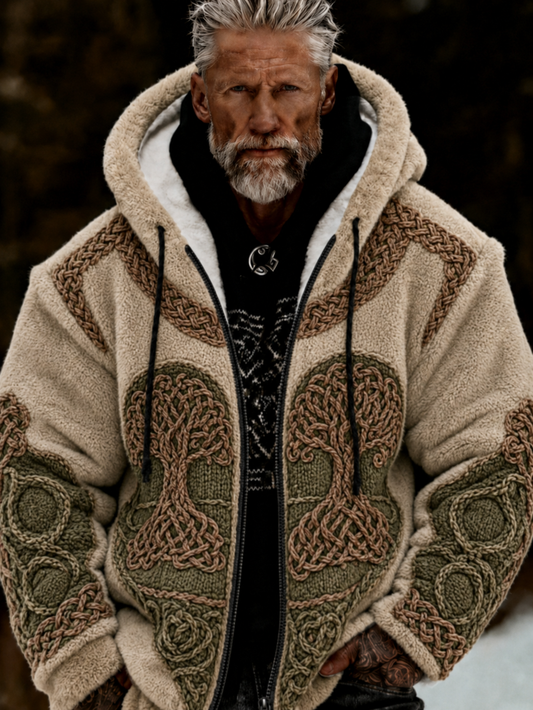 Men's Viking Tree of Life Celtic-Style Plush Cozy Warm Zipped Hooded Jacket