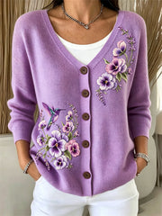 Women's Classy Humming Bird Pansy Flowers Print Cozy Cardigan