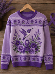 Women's Purple Floral & Hummingbird Print Alzheimer's Awareness Support Sweater