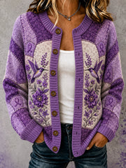 Women's Purple Floral & Hummingbird Print Alzheimer's Awareness Support Cardigan