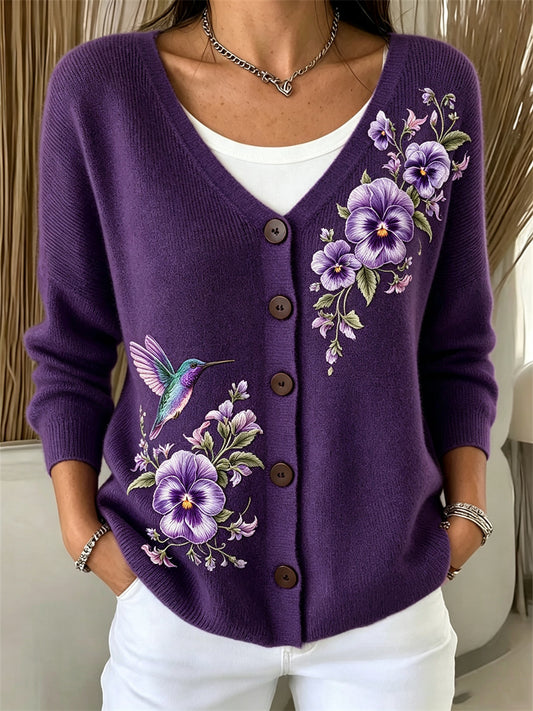 Women's Classy Humming Bird Pansy Flowers Print Cozy Cardigan