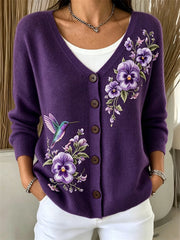 Women's Classy Humming Bird Pansy Flowers Print Cozy Cardigan