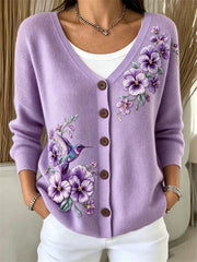 Women's Classy Humming Bird Pansy Flowers Print Cozy Cardigan