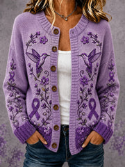 Women's Purple Floral & Hummingbird Print Alzheimer's Awareness Support Cardigan