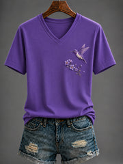 Women's Purple Flora Art Printed V-neck T-shirt