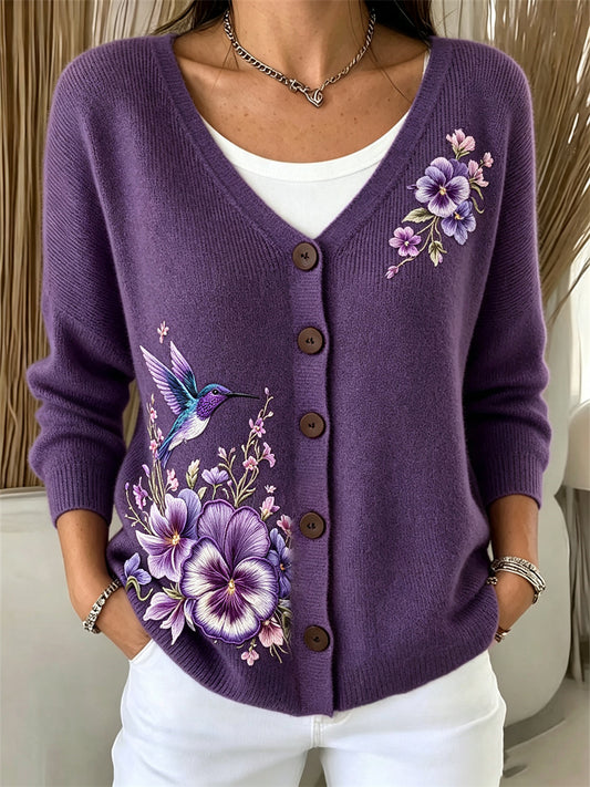 Women's Classy Humming Bird Pansy Flowers Print Cozy Cardigan