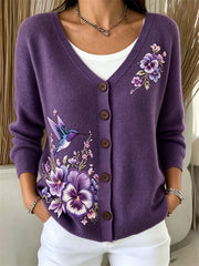 Women's Classy Humming Bird Pansy Flowers Print Cozy Cardigan