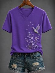 Women's Purple Flora Art Printed V-neck T-shirt