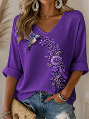 Women's Purple Floral & Hummingbird Print Alzheimer's Awareness Support Half-Sleeve V-Neck T-Shirt