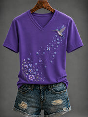 Women's Purple Flora Art Printed V-neck T-shirt
