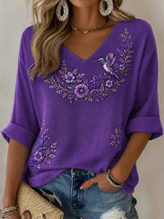 Women's Purple Floral & Hummingbird Print Alzheimer's Awareness Support Half-Sleeve V-Neck T-Shirt
