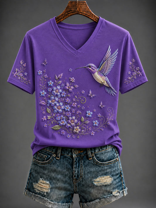 Women's Purple Flora Art Printed V-neck T-shirt
