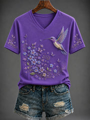 Women's Purple Flora Art Printed V-neck T-shirt