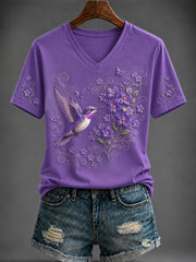 Women's Purple Flora Art Printed V-neck T-shirt