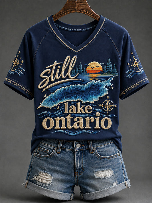 Women's Always Lake Ontario Print V-neck Short-sleeved T-shirt