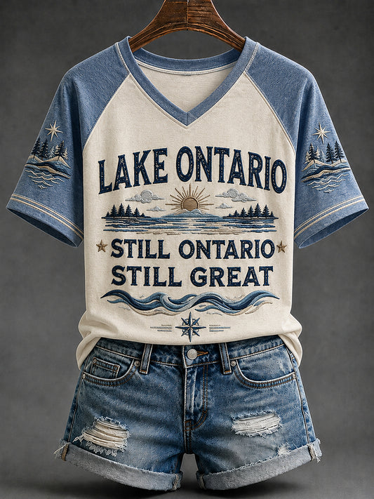 Women's Always Lake Ontario Print V-neck Short-sleeved T-shirt
