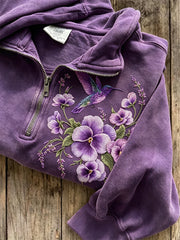 Women's Classy Humming Bird Pansy Flowers Print Zip Up Sweatshirt