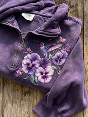 Women's Classy Humming Bird Pansy Flowers Print Zip Up Sweatshirt