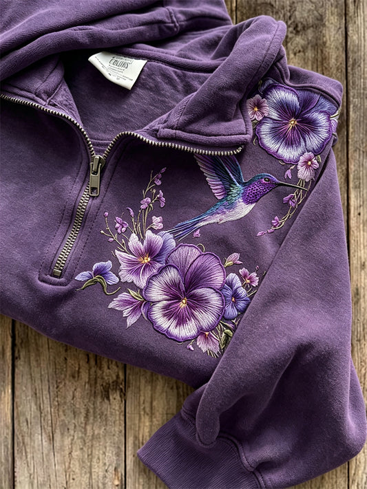 Women's Classy Humming Bird Pansy Flowers Print Zip Up Sweatshirt