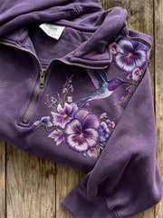 Women's Classy Humming Bird Pansy Flowers Print Zip Up Sweatshirt