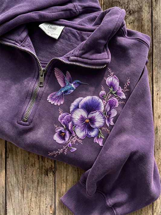 Women's Classy Humming Bird Pansy Flowers Print Zip Up Sweatshirt