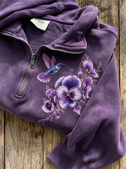 Women's Classy Humming Bird Pansy Flowers Print Zip Up Sweatshirt