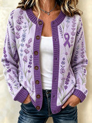 Women's purple floral and purple charity ribbon pattern design casual cardigan-style knit jacket