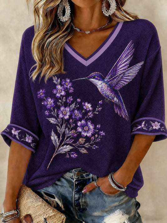 Women's Alzheimer's Disease Flowers Printed Mid-length Sleeves V-neck T-shirt