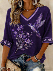 Women's Alzheimer's Disease Flowers Printed Mid-length Sleeves V-neck T-shirt