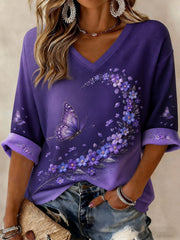 Women's Alzheimer's Disease Flowers Printed Mid-length Sleeves V-neck T-shirt