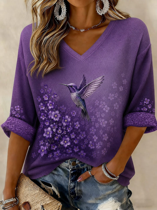 Women's Alzheimer's Disease Flowers Printed Mid-length Sleeves V-neck T-shirt