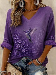 Women's Alzheimer's Disease Flowers Printed Mid-length Sleeves V-neck T-shirt