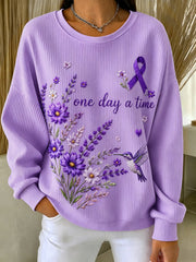 Women's Purple Floral & Alzheimer's Awareness Support Print Ribbed Round-Neck Sweatshirt