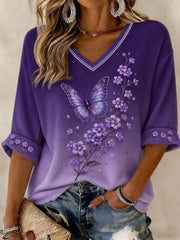 Women's Alzheimer's Disease Flowers Printed Mid-length Sleeves V-neck T-shirt