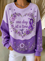 Women's Purple Floral & Alzheimer's Awareness Support Print Ribbed Round-Neck Sweatshirt