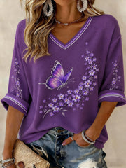 Women's Alzheimer's Disease Flowers Printed Mid-length Sleeves V-neck T-shirt