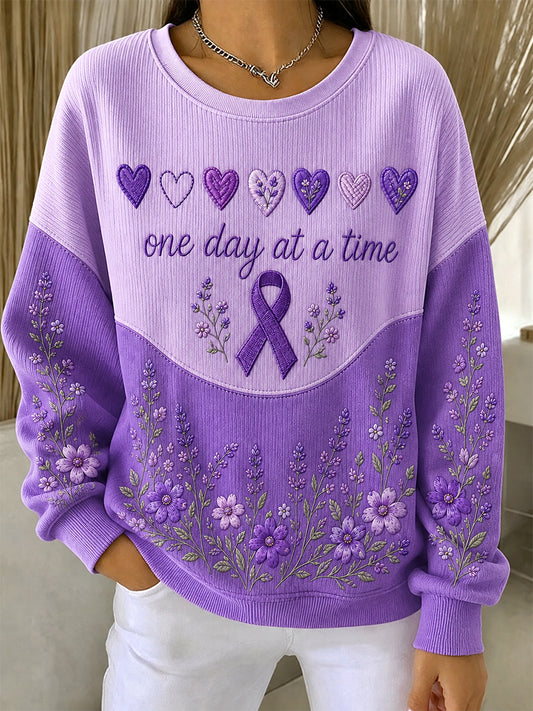Women's Purple Floral & Alzheimer's Awareness Support Print Ribbed Round-Neck Sweatshirt