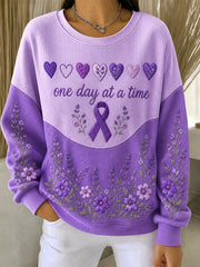 Women's Purple Floral & Alzheimer's Awareness Support Print Ribbed Round-Neck Sweatshirt