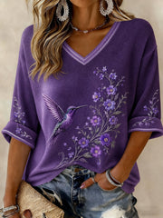 Women's Alzheimer's Disease Flowers Printed Mid-length Sleeves V-neck T-shirt