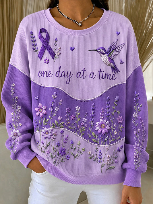 Women's Purple Floral & Alzheimer's Awareness Support Print Ribbed Round-Neck Sweatshirt