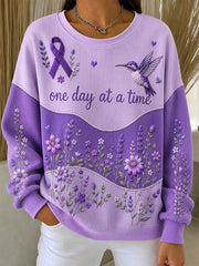 Women's Purple Floral & Alzheimer's Awareness Support Print Ribbed Round-Neck Sweatshirt