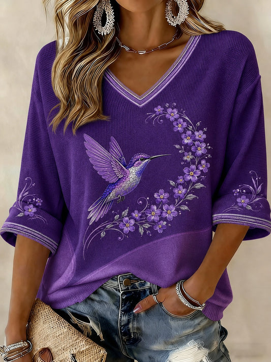 Women's Alzheimer's Disease Flowers Printed Mid-length Sleeves V-neck T-shirt