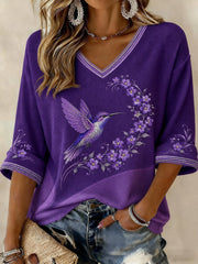 Women's Alzheimer's Disease Flowers Printed Mid-length Sleeves V-neck T-shirt