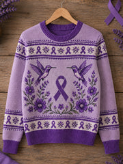 Women's Purple Floral & Hummingbird Print Alzheimer's Awareness Support Sweater