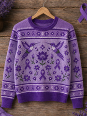 Women's Purple Floral & Hummingbird Print Alzheimer's Awareness Support Sweater