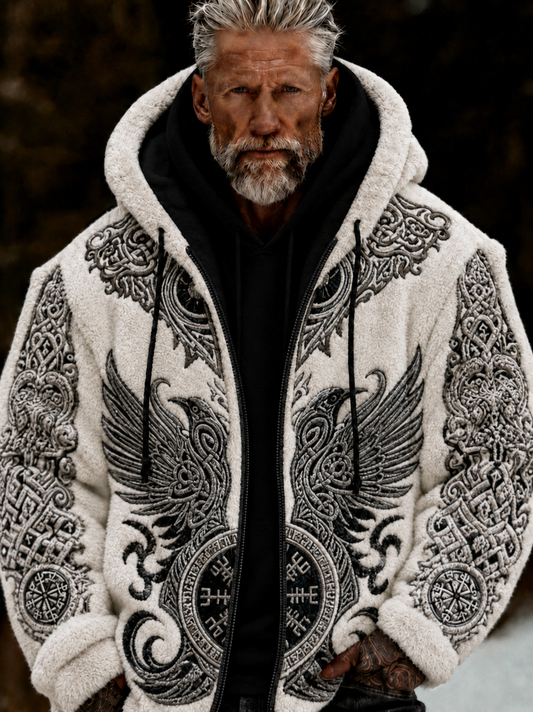 Men's Viking Celtic Art Plush Cozy Warm Zipped Hooded Jacket