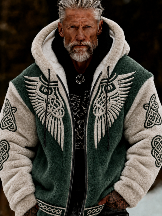 Men's Viking Celtic Art Plush Cozy Warm Zipped Hooded Jacket
